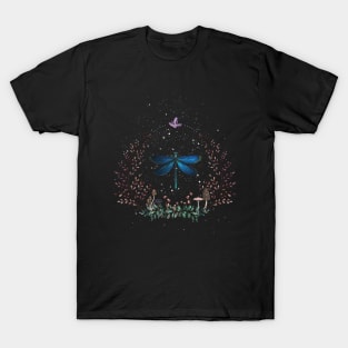 Dragonfly with mushrooms and flowers T-Shirt